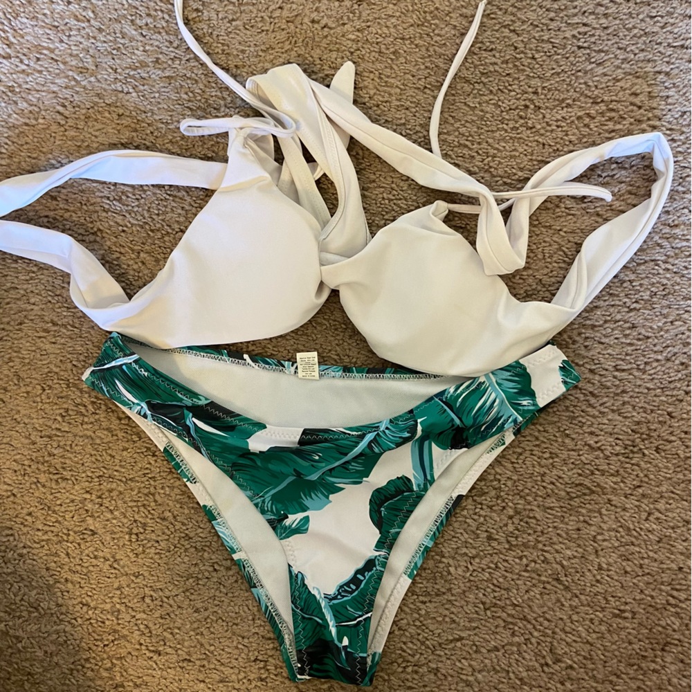 White and Palm Leaf Bikini